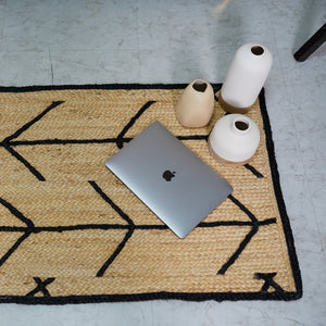 Handwoven Natural Jute Rug with Black Geometric Pattern Modern Handmade Area Rug