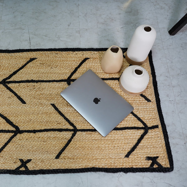 Handwoven Natural Jute Rug with Black Geometric Pattern Modern Handmade Area Rug