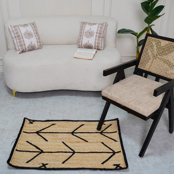 Handwoven Natural Jute Rug with Black Geometric Pattern Modern Handmade Area Rug