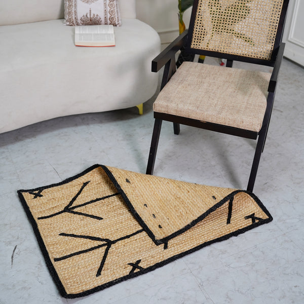 Handwoven Natural Jute Rug with Black Geometric Pattern Modern Handmade Area Rug
