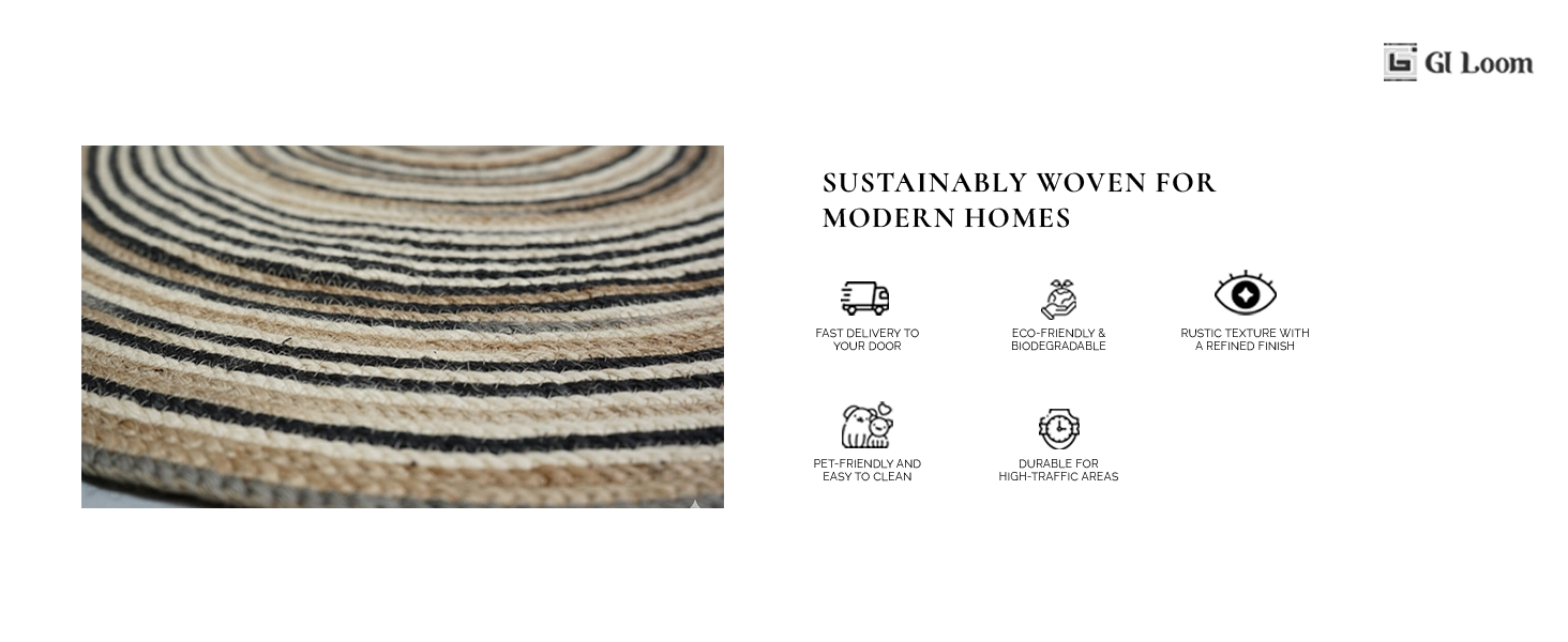 Round Jute Rug with Black Spiral DesignArtisan Handbraided Eco-Friendly Decor - a5