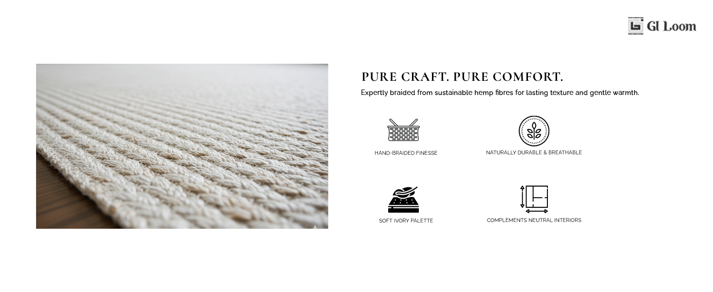 Ivory White Hand-Braided Hemp RugMinimalist Solid Design - a5