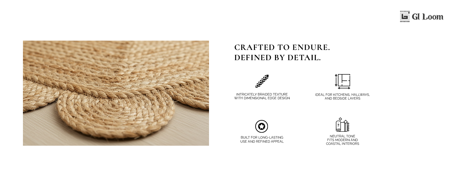 Scalloped Border Jute RugRustic Handbraided Bohemian Floor Accent - a5