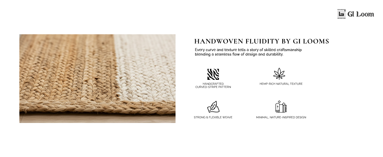 Handcrained Hemp Rug with Natural Curved Stripes - Organic Elegance - a5