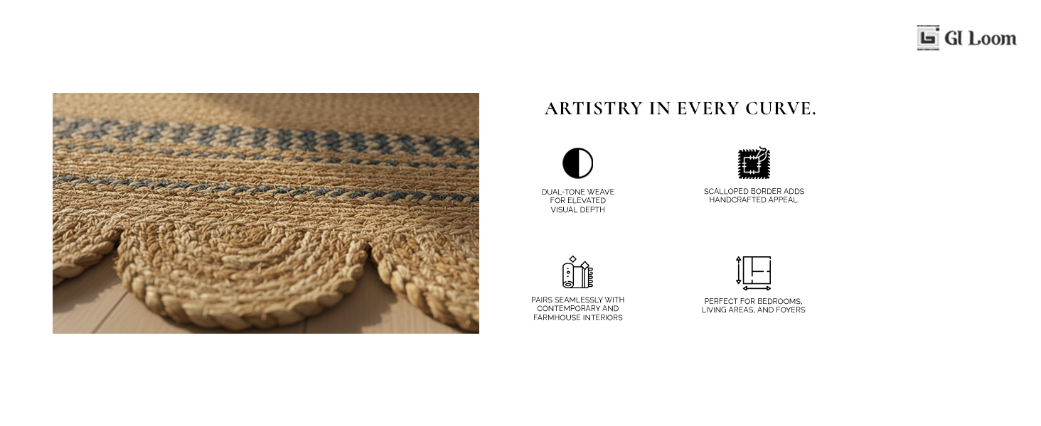 Scalloped Border Jute Rug with Charcoal AccentsHandwoven Boho Floor Decor - a5