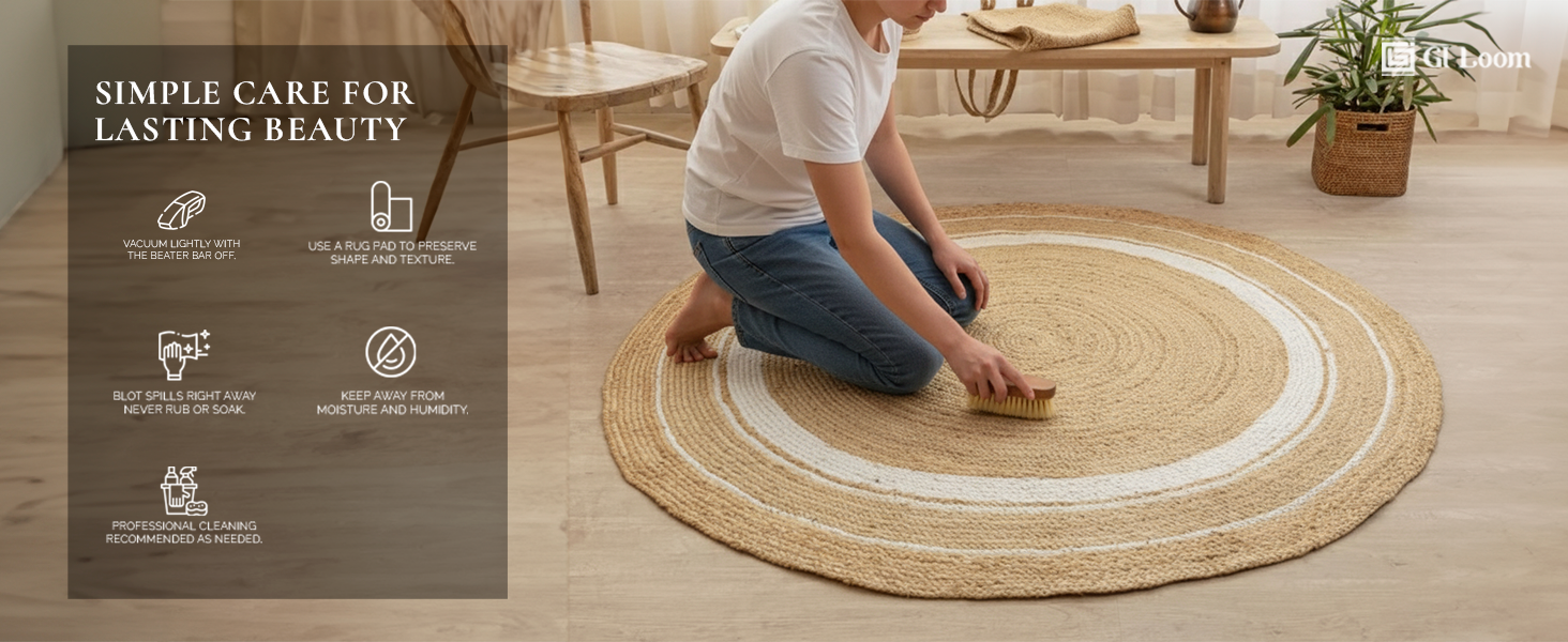 Round Jute Rug with White AccentsHandbraided Boho Chic Decor - a7