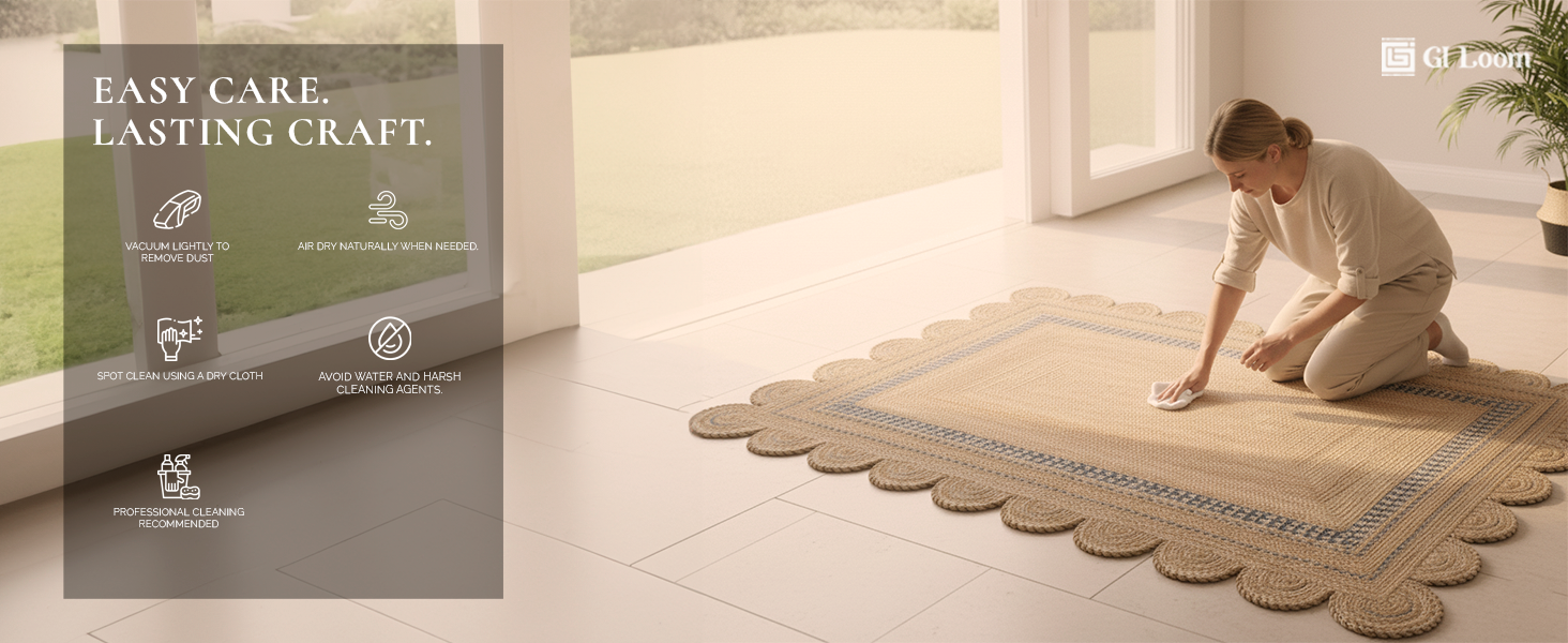 Scalloped Border Jute Rug with Charcoal AccentsHandwoven Boho Floor Decor - a6