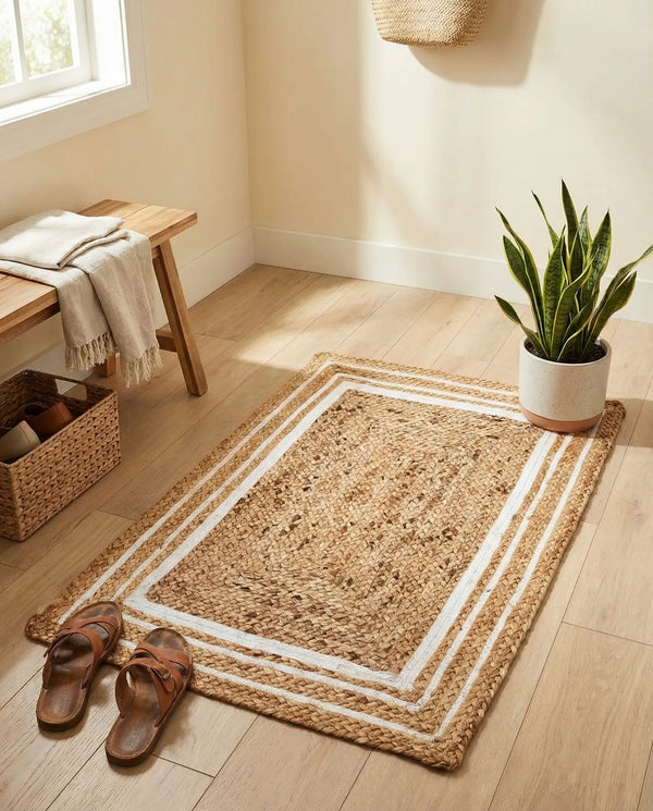 Natural jute area rug with white geometric border and braided texture styled in a warm farmhouse entryway with wooden flooring