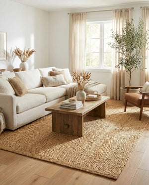 Large rectangular handwoven natural jute area rug with a thick chunky braided weave, styled under a white sofa and a rustic wooden coffee table in a warm minimalist living room.