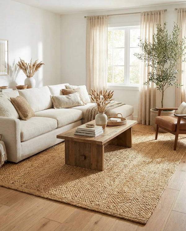Large rectangular handwoven natural jute area rug with a thick chunky braided weave, styled under a white sofa and a rustic wooden coffee table in a warm minimalist living room.