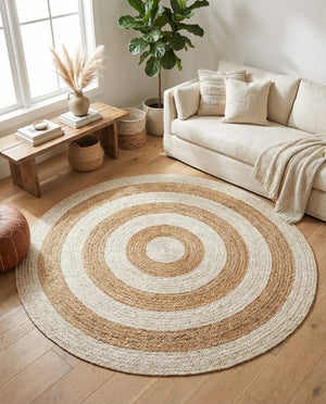 Hand-braided round jute and cotton area rug with alternating concentric natural brown and off-white striped circles.
