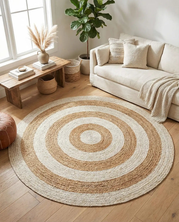 Hand-braided round jute and cotton area rug with alternating concentric natural brown and off-white striped circles.