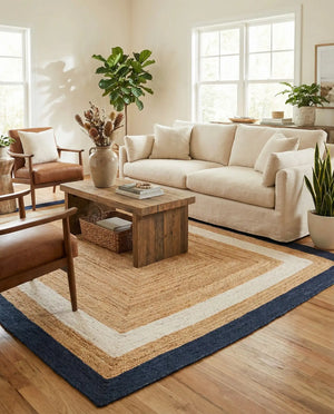 Handwoven natural jute area rug with ivory and navy blue borders styled in a bright coastal living room with a cream sofa and wooden furniture
