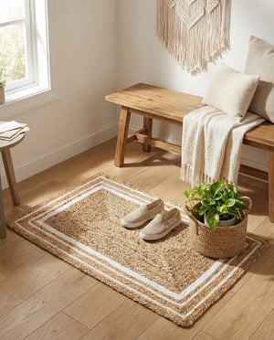 Natural woven jute rug with a navy blue double-border design, styled on a rustic wooden floor beside a wooden bench, striped throw blanket, and green potted fern.