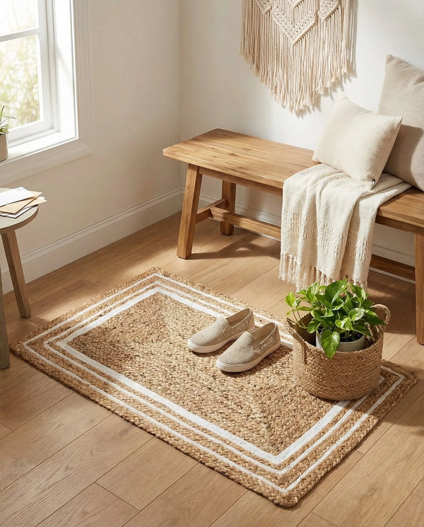 Natural woven jute rug with a navy blue double-border design, styled on a rustic wooden floor beside a wooden bench, striped throw blanket, and green potted fern.