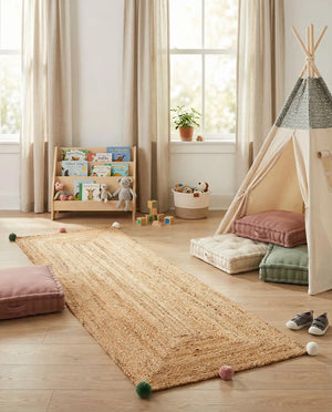 Handwoven natural jute runner rug with colorful pom-pom accents laid in a bright white hallway on light oak flooring