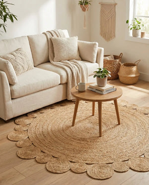 Round Handwoven Jute Area Rug  with Scalloped Flower Border