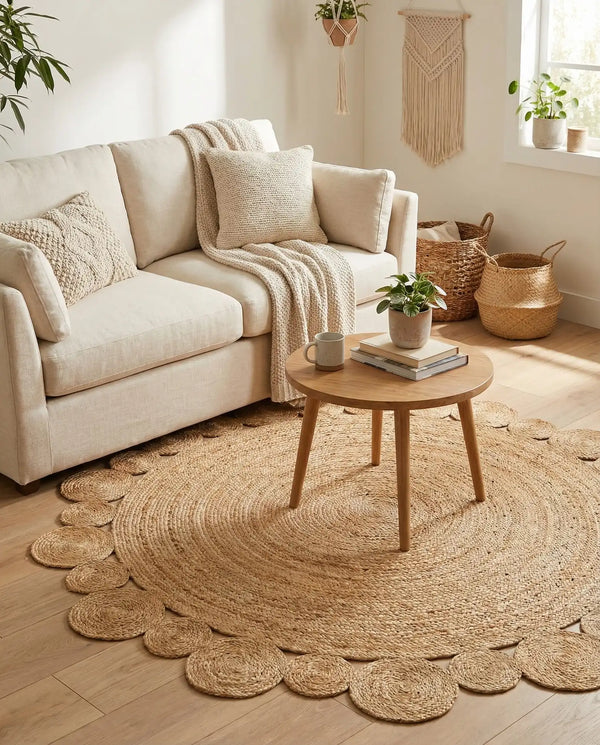 Round Handwoven Jute Area Rug  with Scalloped Flower Border