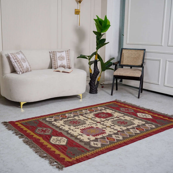 Bohemian Wool - Jute Blend Rugs in Terra Red & Beige Geometric Design - Gahlot International