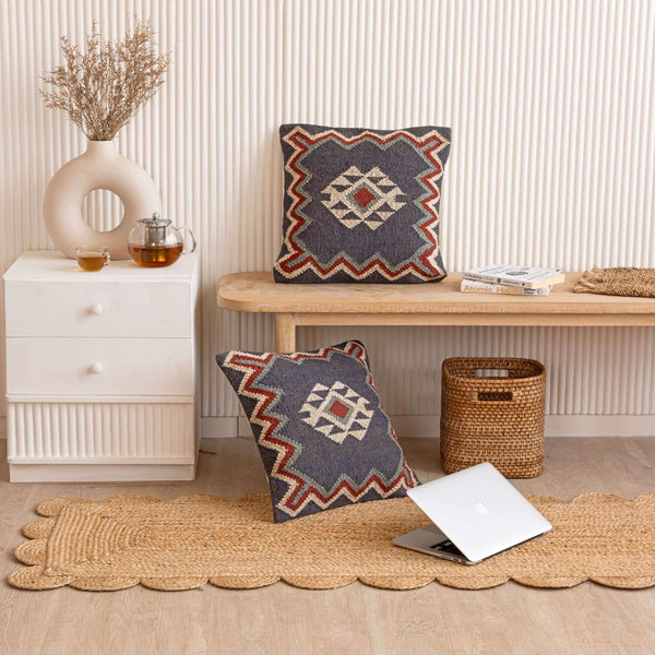 Boho Chic Wool Jute Cushion Covers ¬ Handcrafted Geometric Charm - Gahlot International