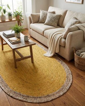 Handwoven oval jute area rug in mustard yellow with a natural beige braided border