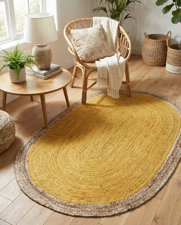 Handwoven oval jute area rug in mustard yellow with a natural beige braided border