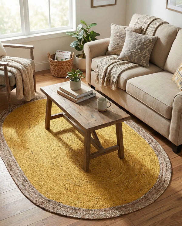 Handwoven oval jute area rug in mustard yellow with a natural beige braided border