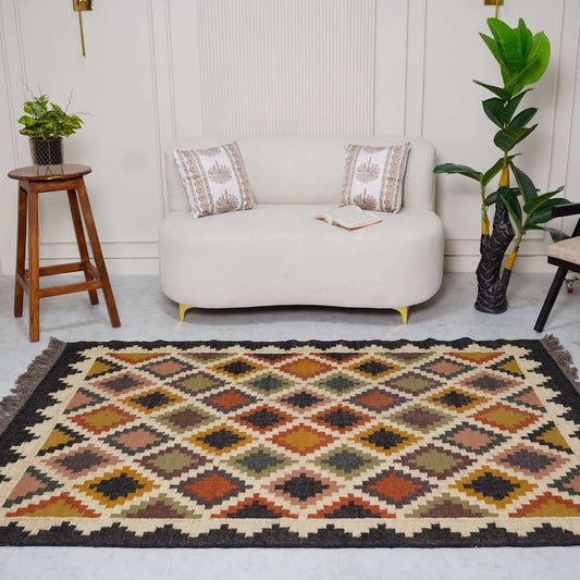 Classic Geometric Kilim - Inspired Wool - Jute Rug – Earthy Tones with Handcrafted Artistry - Gahlot International