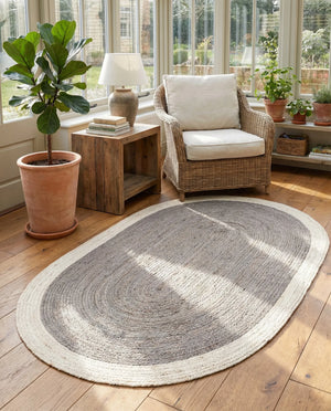 Handmade Oval Jute Area Rug - Braided Natural Fiber Rug with Off-White Border in Grey & Ivory