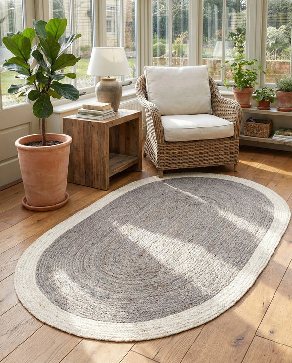Handmade Oval Jute Area Rug - Braided Natural Fiber Rug with Off-White Border in Grey & Ivory