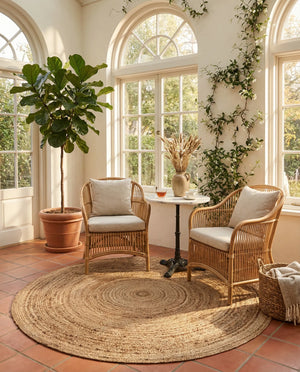 Round handwoven natural jute rug with braided spiral weave design in earthy brown and tan tones for boho rustic home décor.