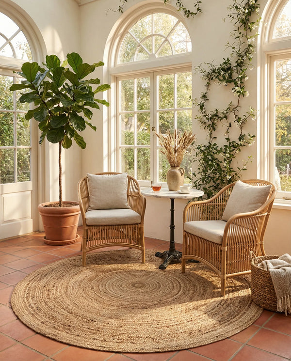 Round handwoven natural jute rug with braided spiral weave design in earthy brown and tan tones for boho rustic home décor.