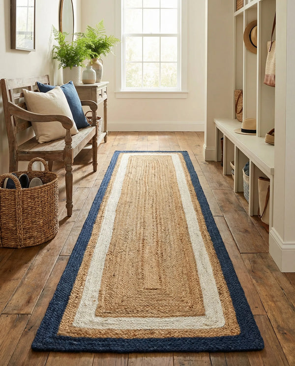 Natural jute runner rug with ivory and navy blue borders styled in a bright modern hallway with wooden flooring and neutral furniture