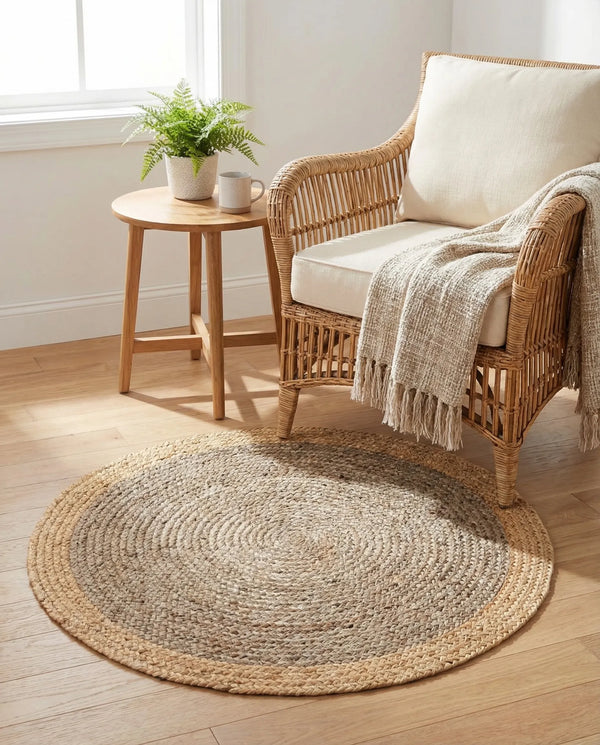 Natural Jute and Grey Braided Round Area Rug - Two- Tone Circular Accent Mat