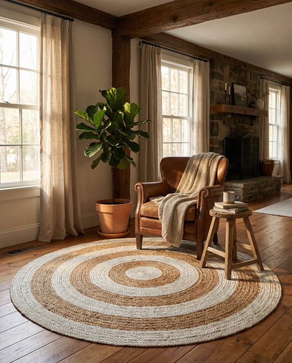 Hand-braided round jute and cotton area rug with alternating concentric natural brown and off-white striped circles.