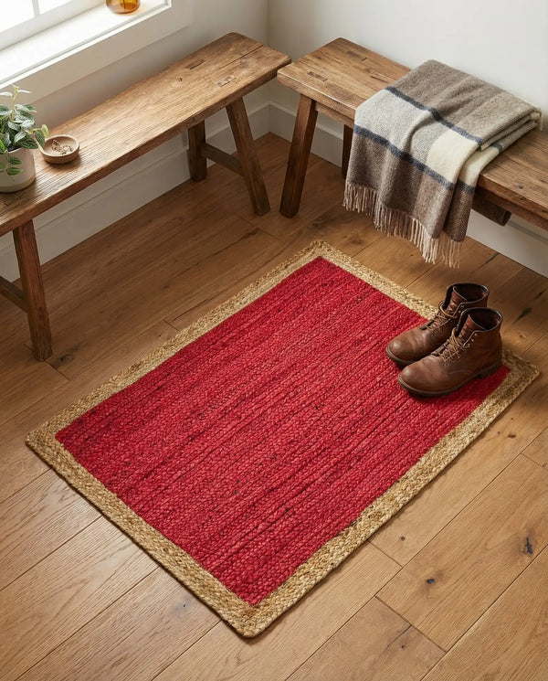 Red handwoven textured jute area rug with natural border styled on a wooden floor in a cozy rustic entryway