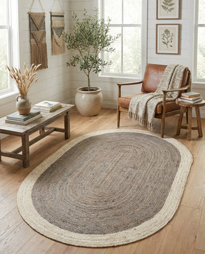 Handmade Oval Jute Area Rug - Braided Natural Fiber Rug with Off-White Border in Grey & Ivory