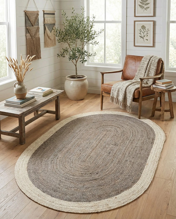 Handmade Oval Jute Area Rug - Braided Natural Fiber Rug with Off-White Border in Grey & Ivory