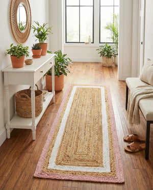 Handwoven Jute Runner Rug Natural Pink & White Border Rug