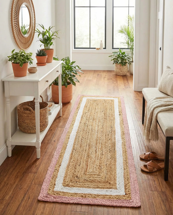 Handwoven Jute Runner Rug Natural Pink & White Border Rug