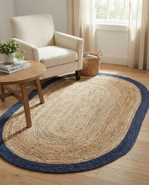 Mustard Yellow Oval Braided Area Rug with Natural Jute Border - Rustic Handmade Style Living Room