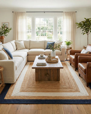 Handwoven natural jute area rug with ivory and navy blue borders styled in a bright coastal living room with a cream sofa and wooden furniture