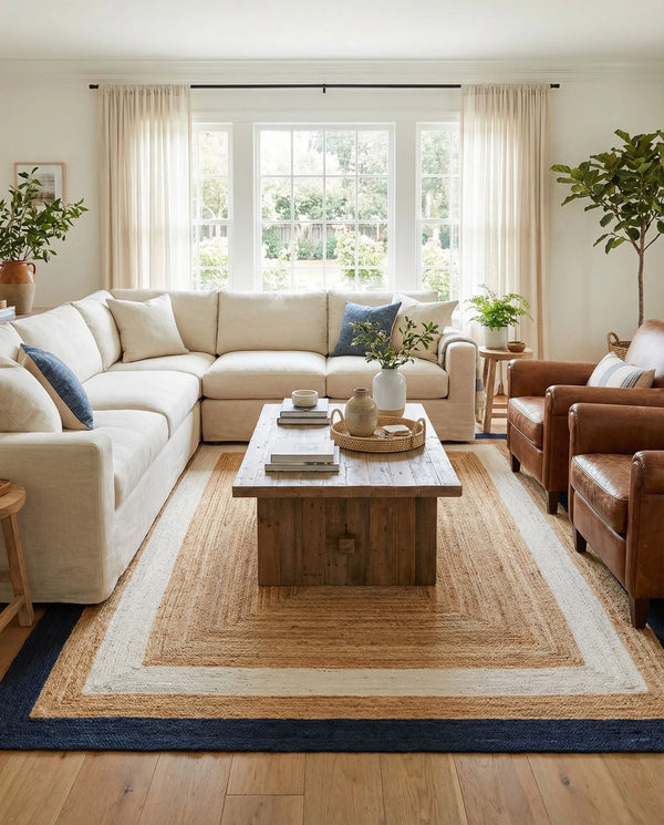 Handwoven natural jute area rug with ivory and navy blue borders styled in a bright coastal living room with a cream sofa and wooden furniture