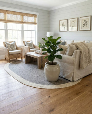 Handmade Oval Jute Area Rug - Braided Natural Fiber Rug with Off-White Border in Grey & Ivory