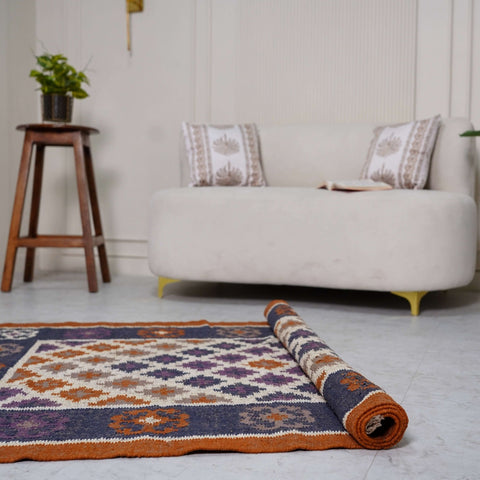 Elegant Diamond Motif Jute - Wool Rug – Handcrafted Flatweave in Earthy Tones - Gahlot International