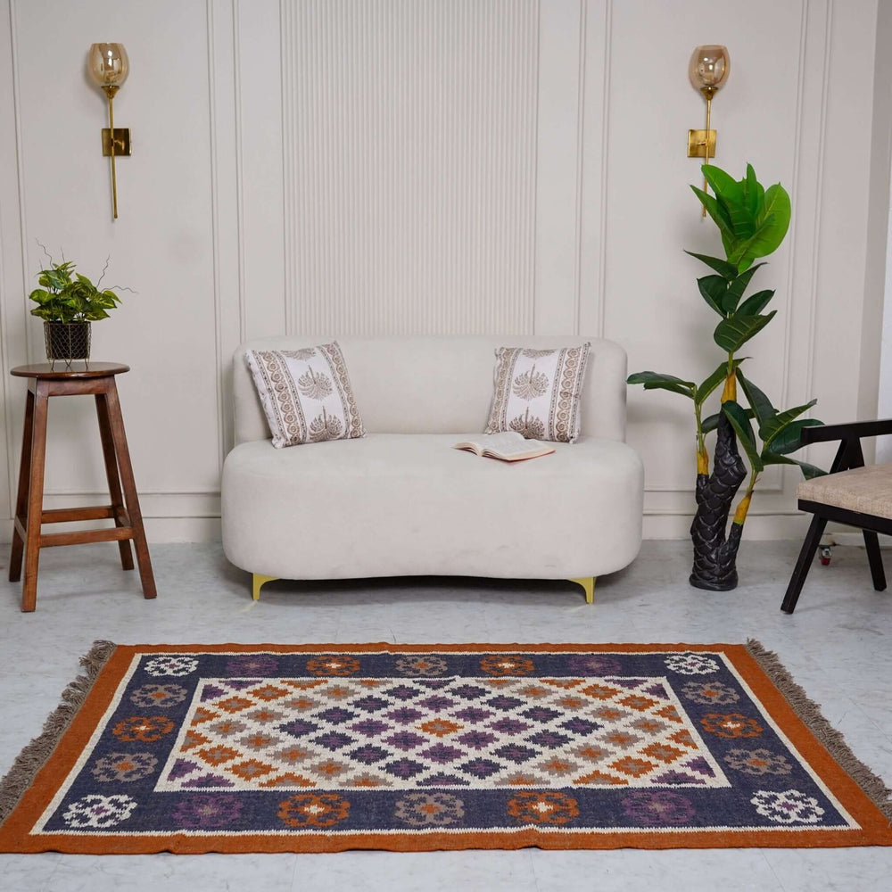 Elegant Diamond Motif Jute - Wool Rug ¬ Handcrafted Flatweave in Earthy Tones - Gahlot International