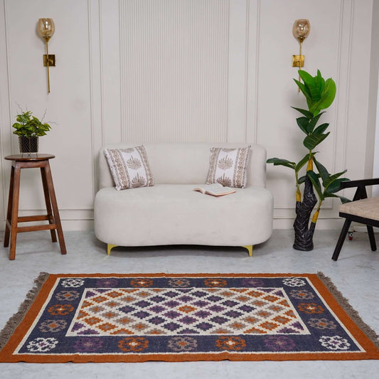 Elegant Diamond Motif Jute - Wool Rug – Handcrafted Flatweave in Earthy Tones - Gahlot International