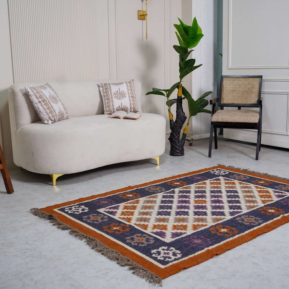 Elegant Diamond Motif Jute - Wool Rug ¬ Handcrafted Flatweave in Earthy Tones - Gahlot International