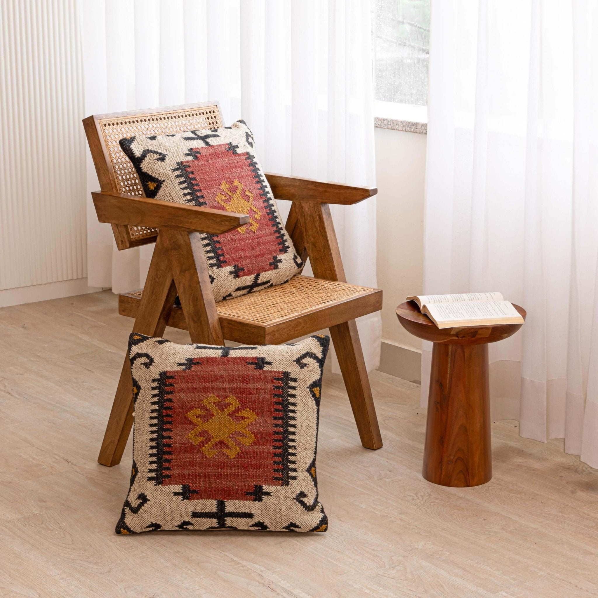 Elegant Red Cream Geometric Square Cushions & Curtains - Modern and Versatile - Gahlot International