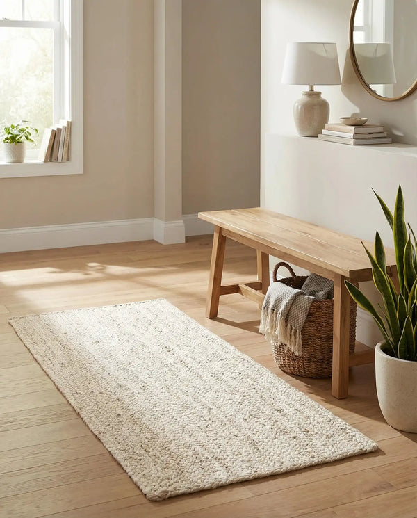 "Handwoven cream and natural jute runner rug laid on a light oak wooden floor in a brightly lit room next to a wooden bench and potted fiddle leaf fig plant."